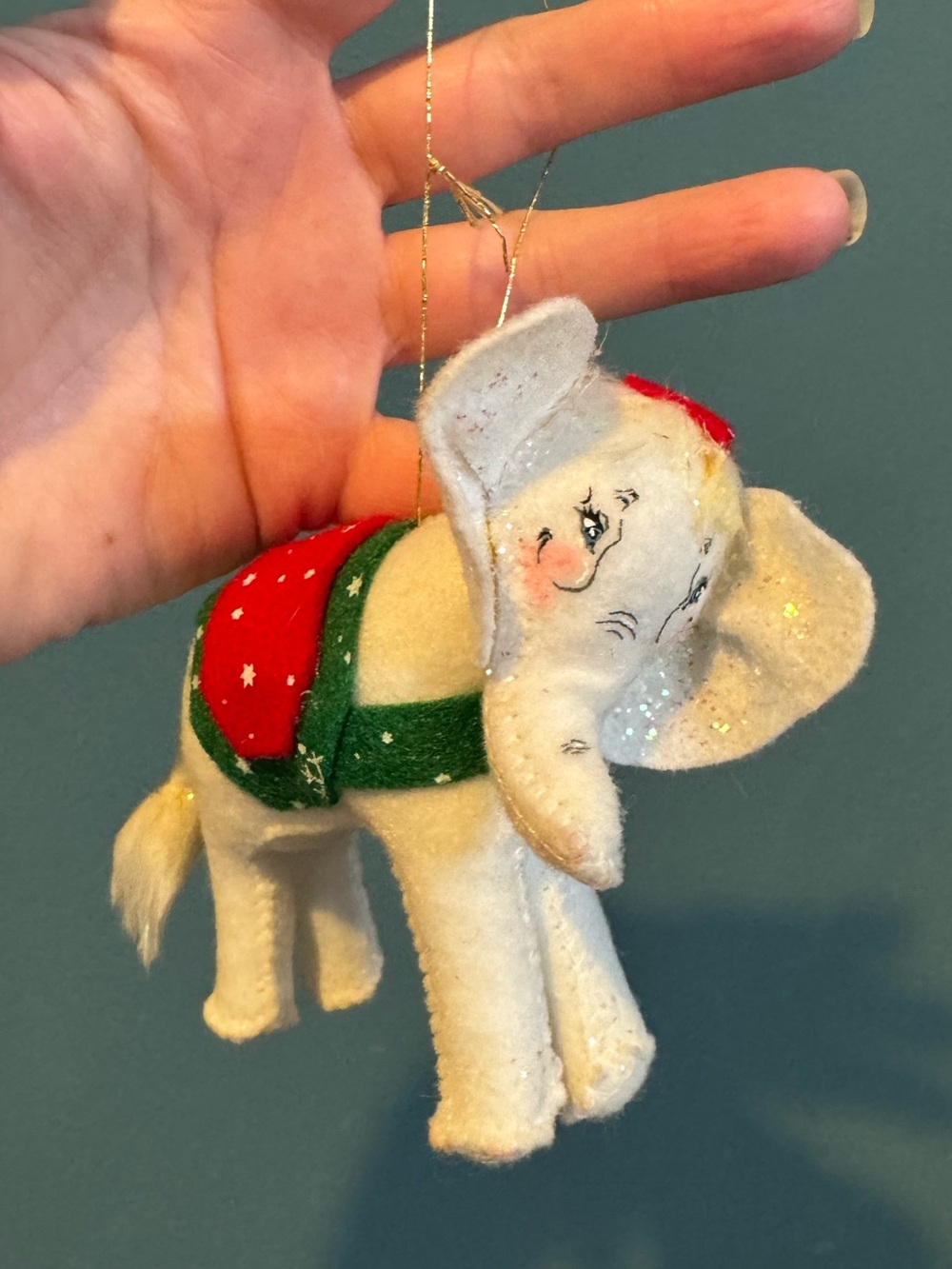 Annalee 2007 White Felt Elephant Ornament with Red & Green Saddle